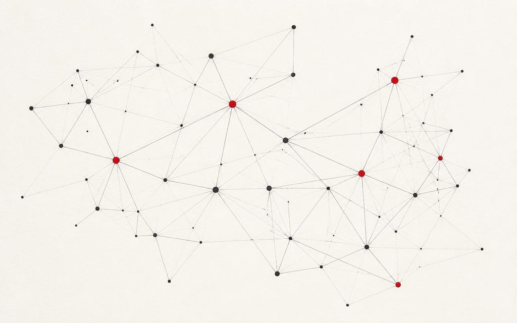 Fine line network graph with red nodes on warm paper background